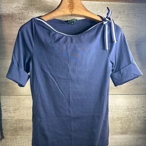 Lauren Ralph Lauren Navy Blue Ribbon-Sleeve Striped Boatneck Top Size Large